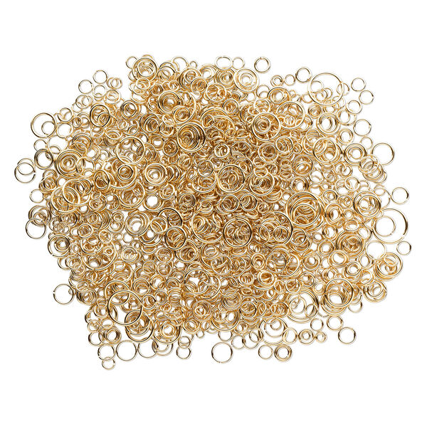 Jump ring mix, gold-plated brass, 3-12mm round, 1.3-10.4mm inside diameter, 18-22 gauge. Sold per 3-ounce pkg, approximately 1,400-1,500 jump rings. image number 1