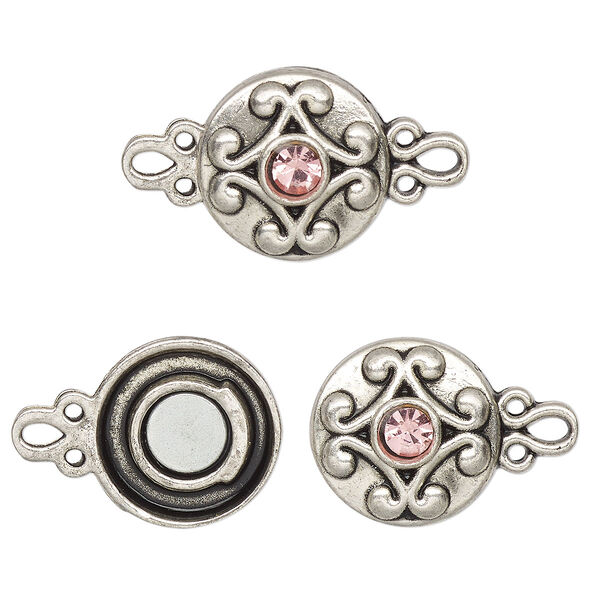Clasp, magnetic, silver-finished "pewter" (zinc-based alloy) and glass, pink, 12mm double-sided round. Sold per pkg of 2. image number 0