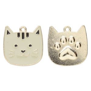 Charm, gold-finished "pewter" (zinc-based alloy) and enamel, grey and black, 22.5x22mm two-sided cat face. Sold per pkg of 2.