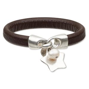 Bracelet, leather (dyed) / cultured freshwater pearl (bleached) / antique silver-plated "pewter" (zinc-based alloy), brown, 10mm wide with 22x21mm star, 6 inches with hook-and-eye clasp. Sold individually.