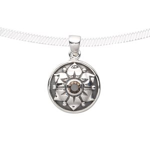 Pendant, Create Compliments®. smoky quartz (heated / irradiated) and antiqued sterling silver, 26x17mm fancy flat round with 5mm round. Sold individually.