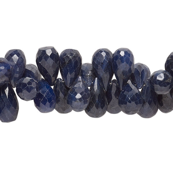Bead, blue sapphire (dyed), dark blue, 9x6mm-11x7mm hand-cut top-drilled faceted teardrop, C grade, Mohs hardness 9. Sold per 8-inch strand. image number 0
