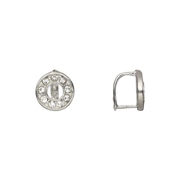 Bail, ice-pick, Egyptian glass rhinestone and imitation rhodium-plated brass, clear, 10mm round donut with 7x5.5mm grip length. Sold per pkg of 6. image number 0