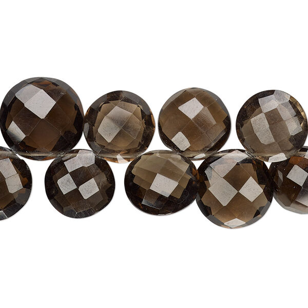 Bead, smoky quartz (heated / irradiated), 10-12mm hand-cut top-drilled faceted puffed flat round with 0.4-1.4mm hole, B+ grade, Mohs hardness 7. Sold per 6-inch strand. image number 0