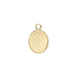 Drop, gold-plated brass, 13x11mm oval with beaded edge and 12x10mm oval bezel setting. Sold per pkg of 12.