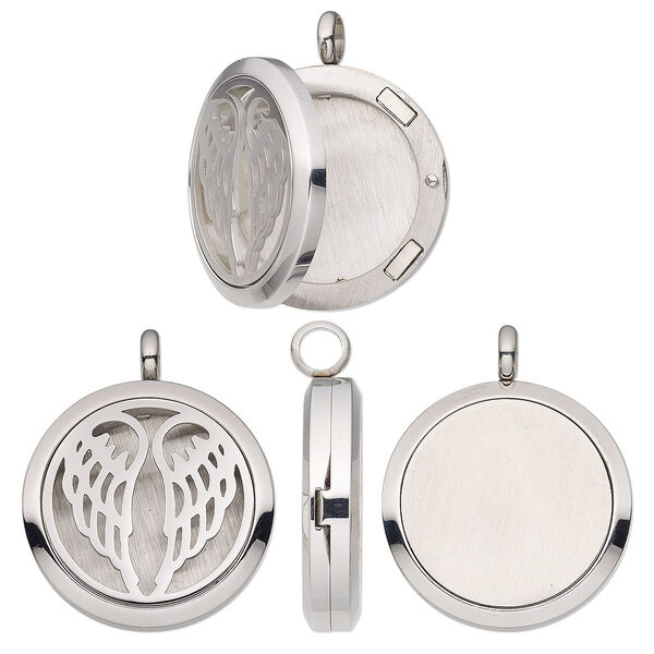 Pendant, stainless steel, 37x30mm single-sided hinged round locket with cutout angel wings and magnetic closure. Sold individually. image number 0