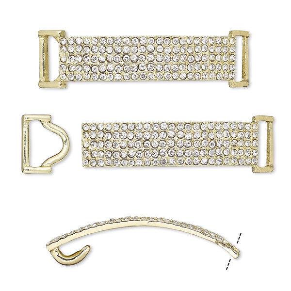 Clasp, hook-and-eye, glass rhinestone and gold-finished "pewter" (zinc-based alloy), clear, 49x13mm single-sided curved rectangle, 10x3.5mm inside diameter. Sold per 2-piece set. image number 0