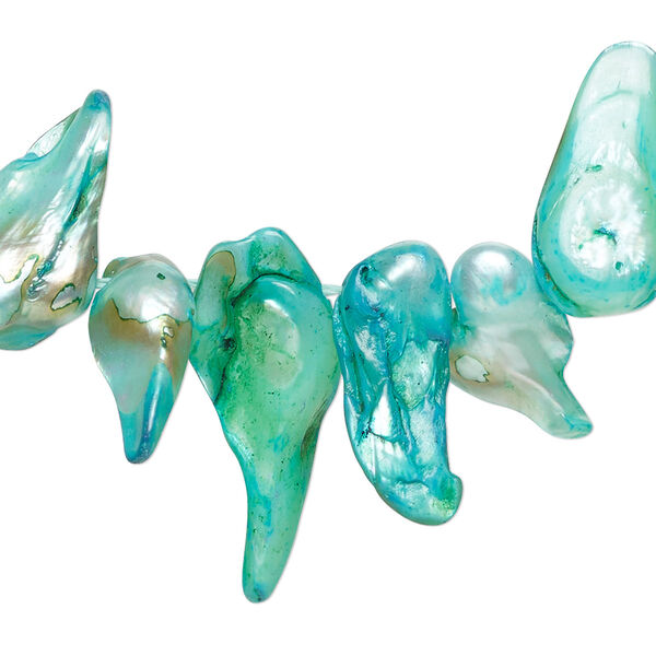 Bead, blister pearl shell (dyed), sea green, 7x6mm-24x10mm top-drilled baroque with 0.4-0.6mm hole, Mohs hardness 2-1/2 to 4. Sold per 15-inch strand. image number 0