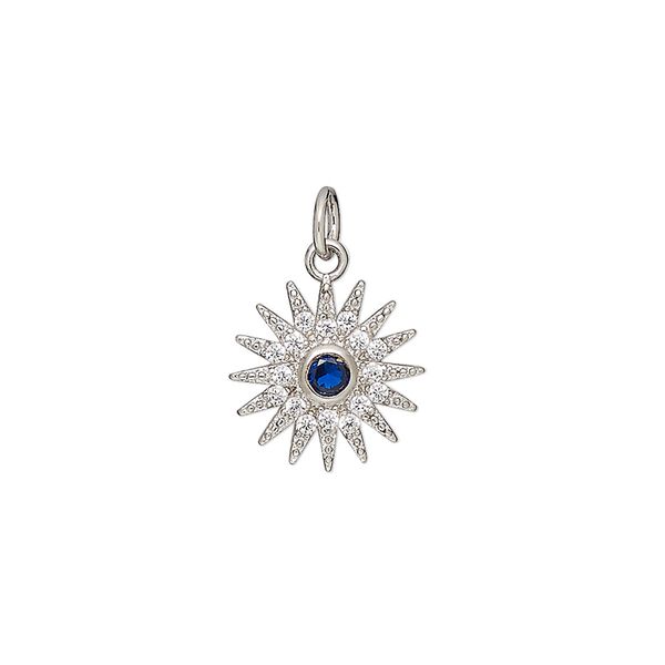 Charm, cubic zirconia and silver-finished brass, clear and blue, 13mm single-sided sun. Sold individually. image number 0