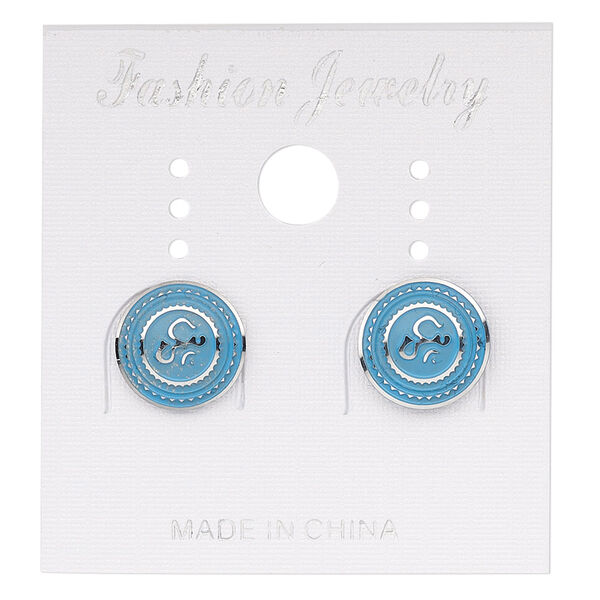 Earstud, stainless steel, blue patina, 10mm round with Om design. Sold per pair. image number 0