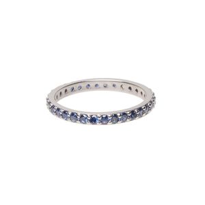 Ring, cubic zirconia and rhodium-plated sterling silver, blue, 3mm wide eternity band, size 9. Sold individually.