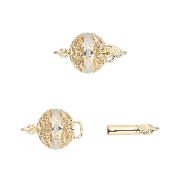 Clasp, tab with safety, diamond (natural) and 14Kt gold, 10mm filigree round with faceted round. Sold individually. image number 0