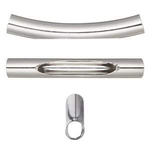Bead, imitation rhodium-finished brass, 40x6mm curved tube with oval cutout. Sold per pkg of 10.
