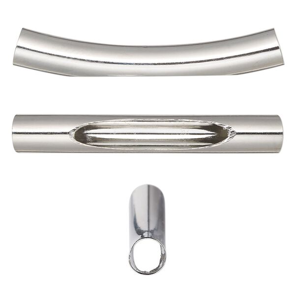 Bead, imitation rhodium-finished brass, 40x6mm curved tube with oval cutout. Sold per pkg of 10. image number 0