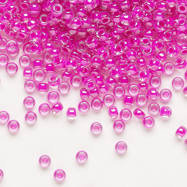 Seed bead, Miyuki, glass, pkg/250g, #8 rocaille, translucent fuchsia-lined luster crystal clear (RR-209). image number 0