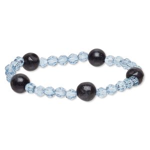 Bracelet, stretch, blackstone (dyed) and acrylic, light blue, 5-6mm faceted round and 9-10mm round, 6 inches. Sold individually.