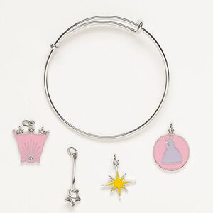 Bracelet and charm assortment, antique silver-finished brass / glass / enamel, Glinda Pink, 7-1/2 inches. Sold per 5-piece set.