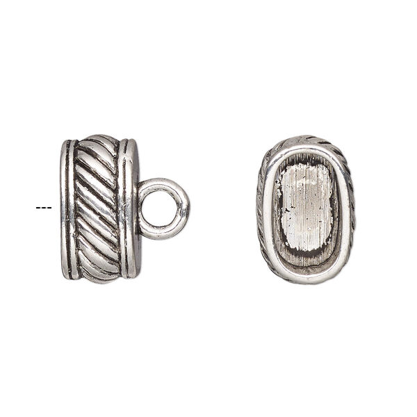 Cord end, glue-in, antique silver-finished "pewter" (zinc-based alloy), 16x10x8mm lined oval, 12.5x7mm inside diameter. Sold per pkg of 4. image number 0