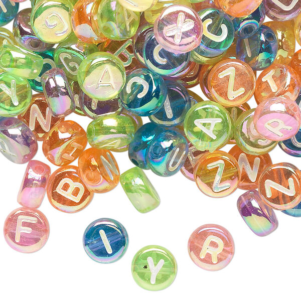Bead mix, acrylic, translucent mixed rainbow colors AB, 7mm double-sided flat round with alphabet letters. Sold per pkg of 200. image number 0