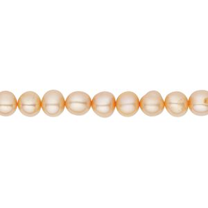 Pearl, cultured freshwater pearl (dyed), pkg/15-1/2 to 16 inches, 5-6mm potato, C grade, electro-dyed apricot.