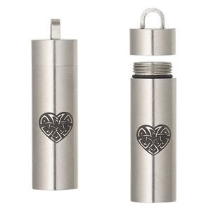 Pendant, silicone and stainless steel, black, 40x11mm cylinder with laser-etched Celtic heart design and twist-off top. Sold individually.