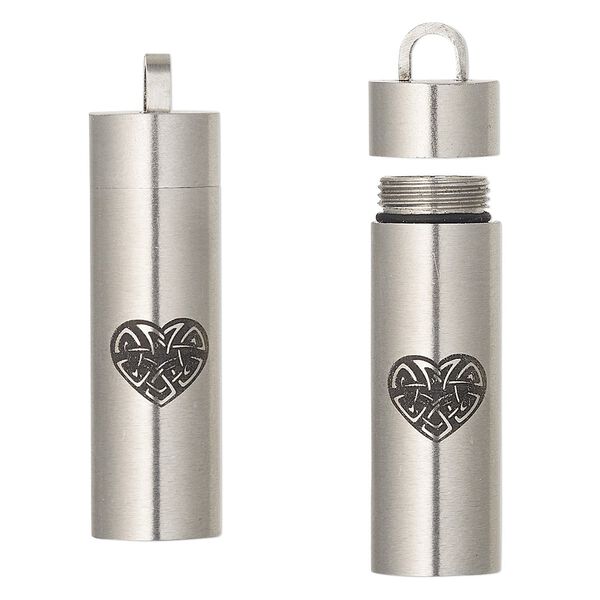 Pendant, silicone and stainless steel, black, 40x11mm cylinder with laser-etched Celtic heart design and twist-off top. Sold individually. image number 0