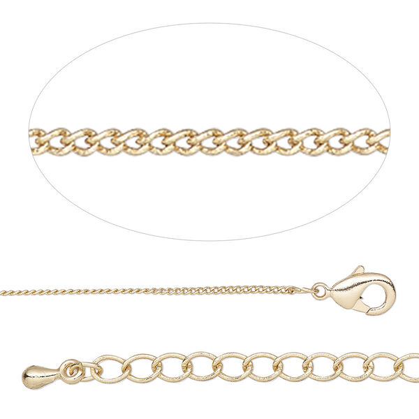 Chain, gold-finished brass, 1mm curb, 18 inches with 2-inch extender chain and lobster claw clasp. Sold individually. image number 0