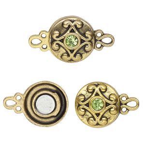 Clasp magnetic 1pkg2 "pewter" (zinc alloy), 12mm double-sided round, antique gold-finished / green rhinestone 1-strand