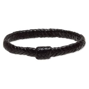 Bracelet, bangle, leather (dyed), black, 15mm wide with braided design, 7-1/2 inches. Sold individually.