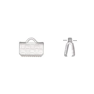 Ribbon crimp end, silver-plated brass, 10x6mm textured rectangle. Sold per pkg of 10.