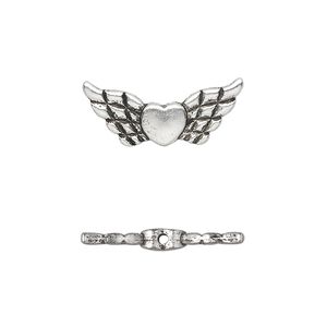 Bead, antique silver-plated "pewter" (zinc-based alloy), 22x9mm double-sided angel wings with heart. Sold per pkg of 20.