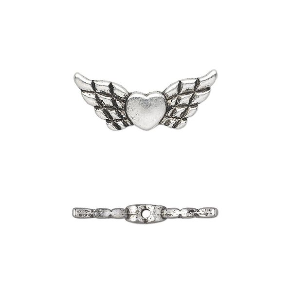 Bead, antique silver-plated "pewter" (zinc-based alloy), 22x9mm double-sided angel wings with heart. Sold per pkg of 20. image number 0