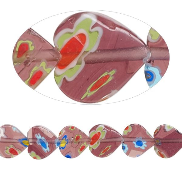 Bead, millefiori glass, translucent multicolored, 8mm flat heart with 0.6-0.8mm hole. Sold per 15-inch strand. image number 0