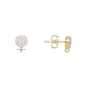 Earstud 1pkg2 sterling silver / cubic zirconia, 6mm round / closed loop / earnuts, gold-finished / clear 1 pair
