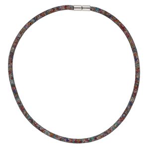 Necklace, nylon / acrylic / imitation rhodium-finished "pewter" (zinc-based alloy), black and rainbow, 4mm wide mesh, 18 inches with magnetic clasp. Sold individually.