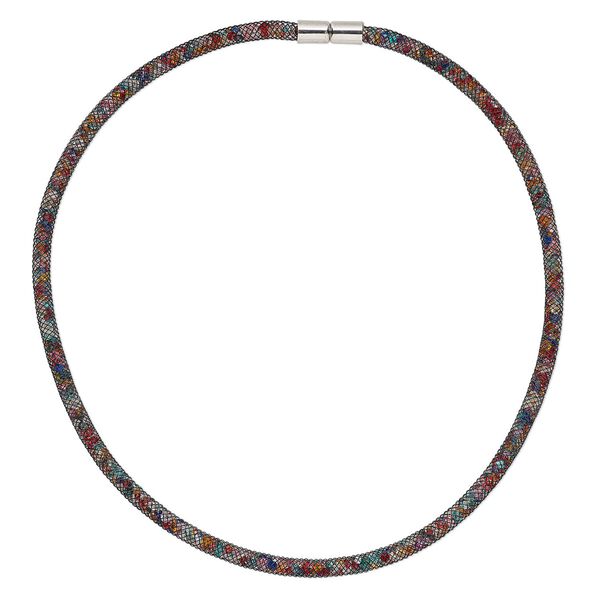 Necklace, nylon / acrylic / imitation rhodium-finished "pewter" (zinc-based alloy), black and rainbow, 4mm wide mesh, 18 inches with magnetic clasp. Sold individually. image number 0