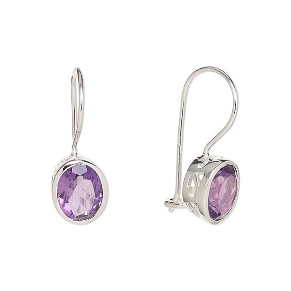 Earring, amethyst (natural) and sterling silver, 22mm with 9x7mm faceted oval and fishhook ear wire. Sold per pair. image number 0