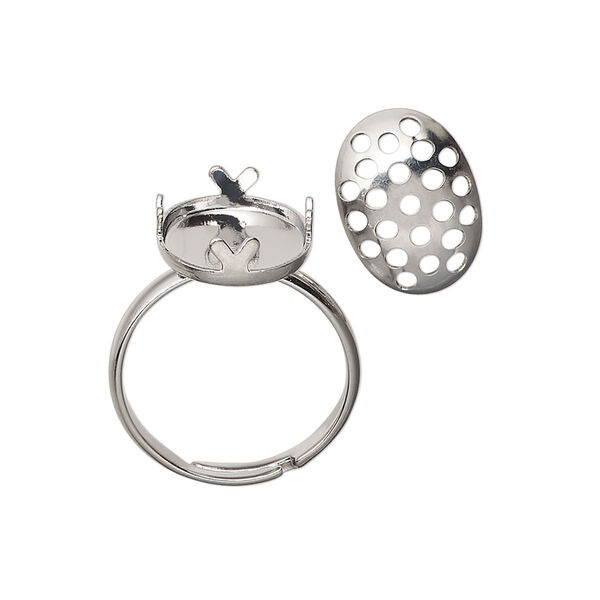 Ring, silver-finished brass, 14x10mm perforated oval disc. Sold individually. image number 0