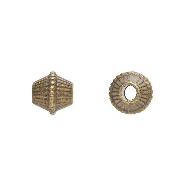 Bead, antique brass-plated "pewter" (zinc-based alloy), 9mm corrugated bicone. Sold per pkg of 20. image number 0
