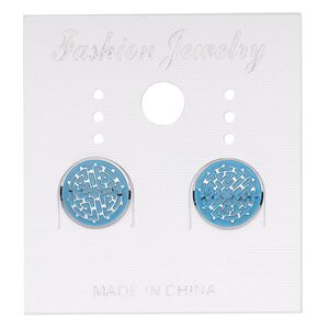Earstud, stainless steel, blue patina, 10mm round with maze design. Sold per pair.