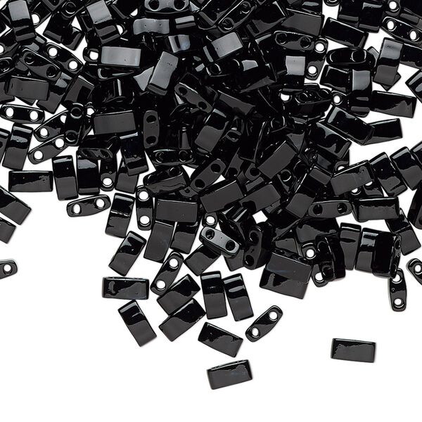 Seed bead, TILA®, glass, pkg/10g, 5x2.3mm half tila rectangle, opaque black, (HTL-401). image number 0