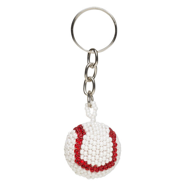 Keychain, glass and steel, red and white, 3-1/4 inches with 26.5mm 3D baseball and 22mm split ring. Sold individually. image number 0