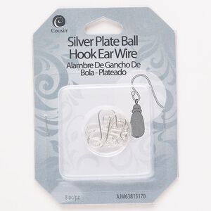 Ear wire fishhook 1pkg8, 12mm / 2mm ball, 21 gauge silver-finished brass 4 pair