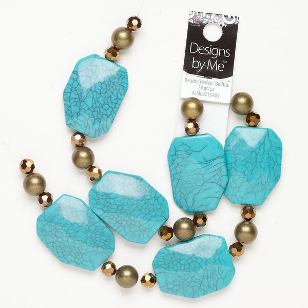 Bead 1pkg1 acrylic / glass, mixes sizes / mixed shapes, 15.5-16 inch assortment opaque teal / bronze image number 0