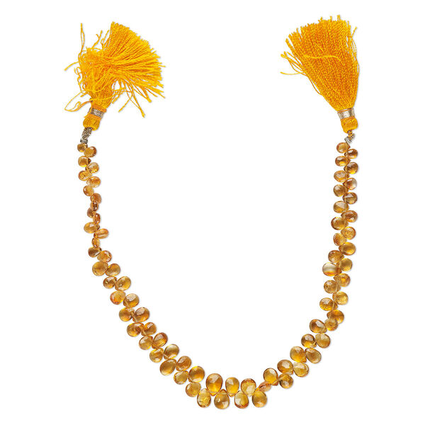 Bead, golden citrine (heated), 5x3mm-9x6mm graduated hand-cut top-drilled faceted puffed teardrop, B+ grade, Mohs hardness 7. Sold per 8-inch strand, approximately 75 beads. image number 0