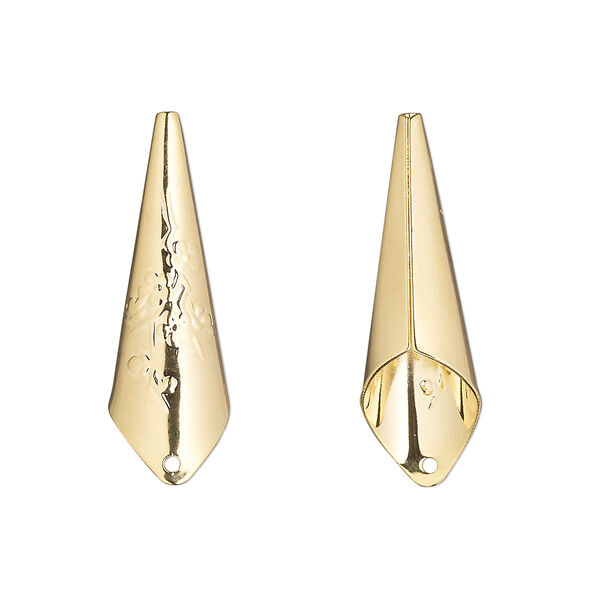 Bolo tip, gold-plated brass, 27x9mm with flower design. Sold per pkg of 10. image number 0