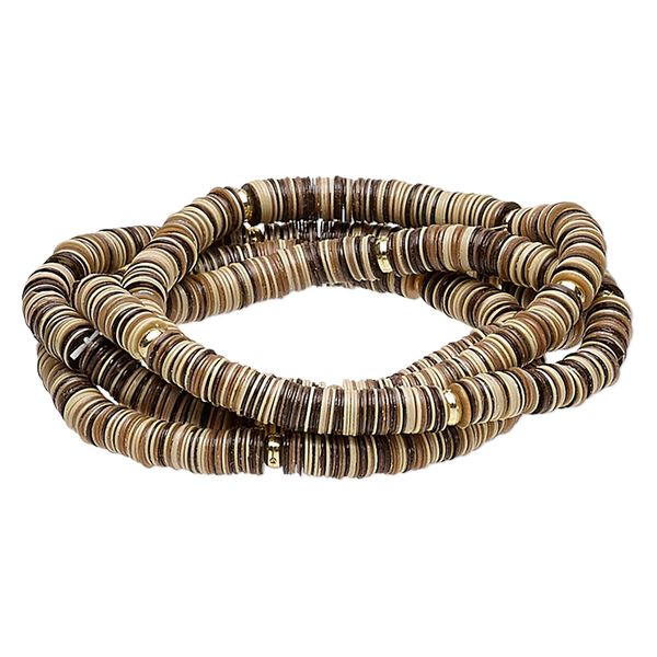 Bracelet, stretch, acrylic and gold-finished plastic, brown and tan, 5mm wide, 6 inches. Sold per pkg of 4. image number 0