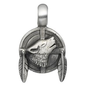 Pendant, Everyday Jewelry, "pewter" (zinc-based alloy), 39x24mm single-sided shield with howling wolf. Sold individually.