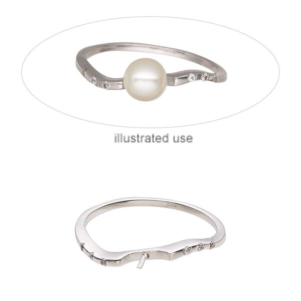 Ring, cubic zirconia and sterling silver, clear, 2.5mm wide asymmetrical band with 4.5mm twisted peg, fits up to 8mm half-drilled round bead, size 9. Sold individually. image number 0