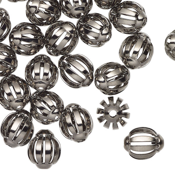 Bead, gunmetal-finished brass, 10x9mm oval with cutouts. Sold per pkg of 50. image number 0
